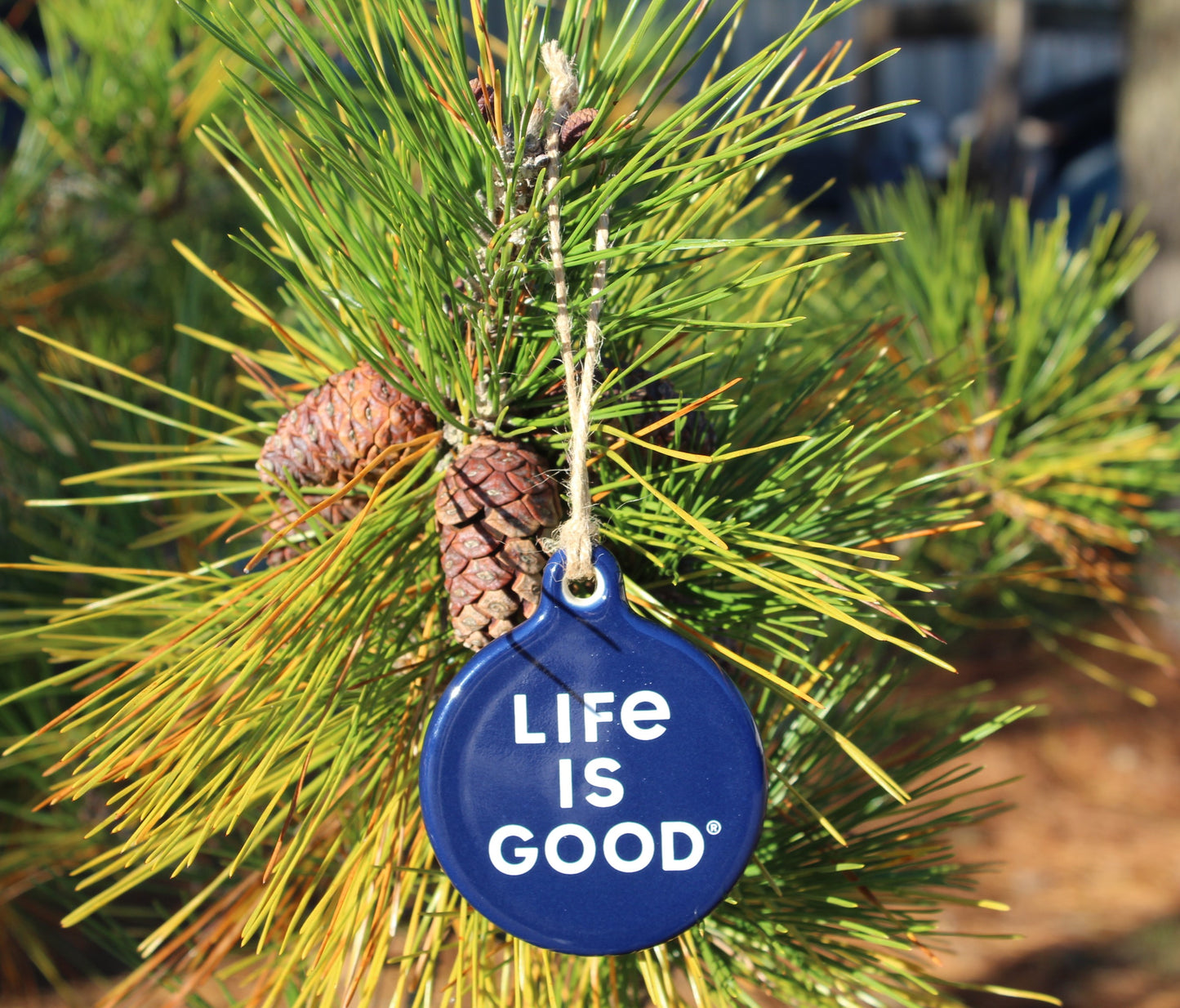 Life is good navy blue snowflake ornament