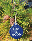 Life is good navy blue snowflake ornament