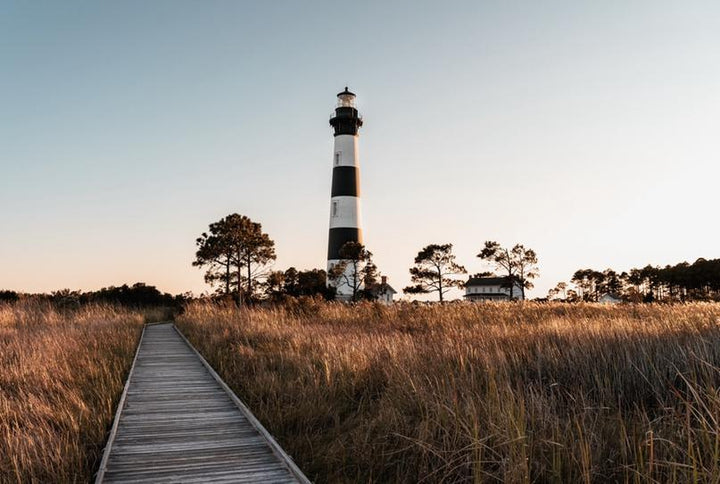 Bodie Island lighthouse during sunset in Outer Banks