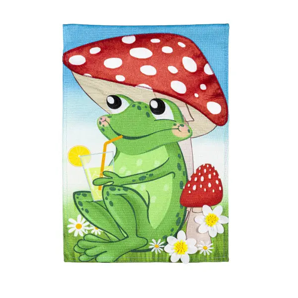 Frog Under Mushroom Garden Burlap Flag