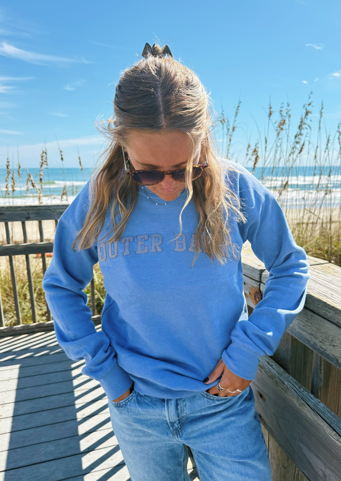 Outer Banks Applique Arch Crewneck - Washed Denim