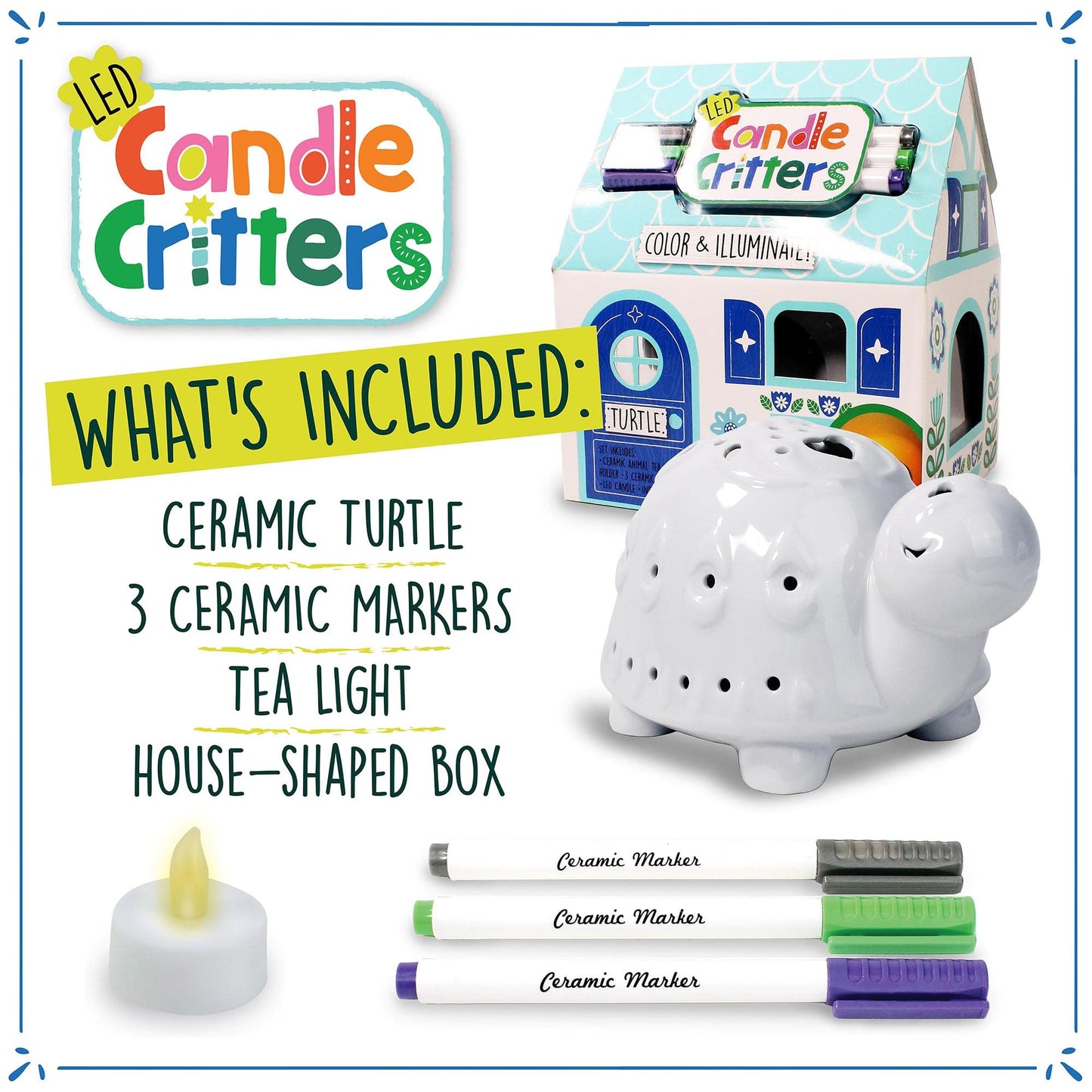 Bright Stripes Color Your Own Kids Craft Kit Paint Your Own Ceramic Animal Night Light, DIY Creativity Set Includes 3 Markers, LED Light and Instructions, Ideal Creative Gifts, Turtle