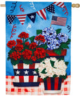 Evergreen Linen House Flag - Patriotic Flower Pot