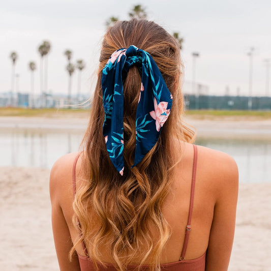 Scarf Scrunchie - DARK BLUE & PINK TROPICAL
