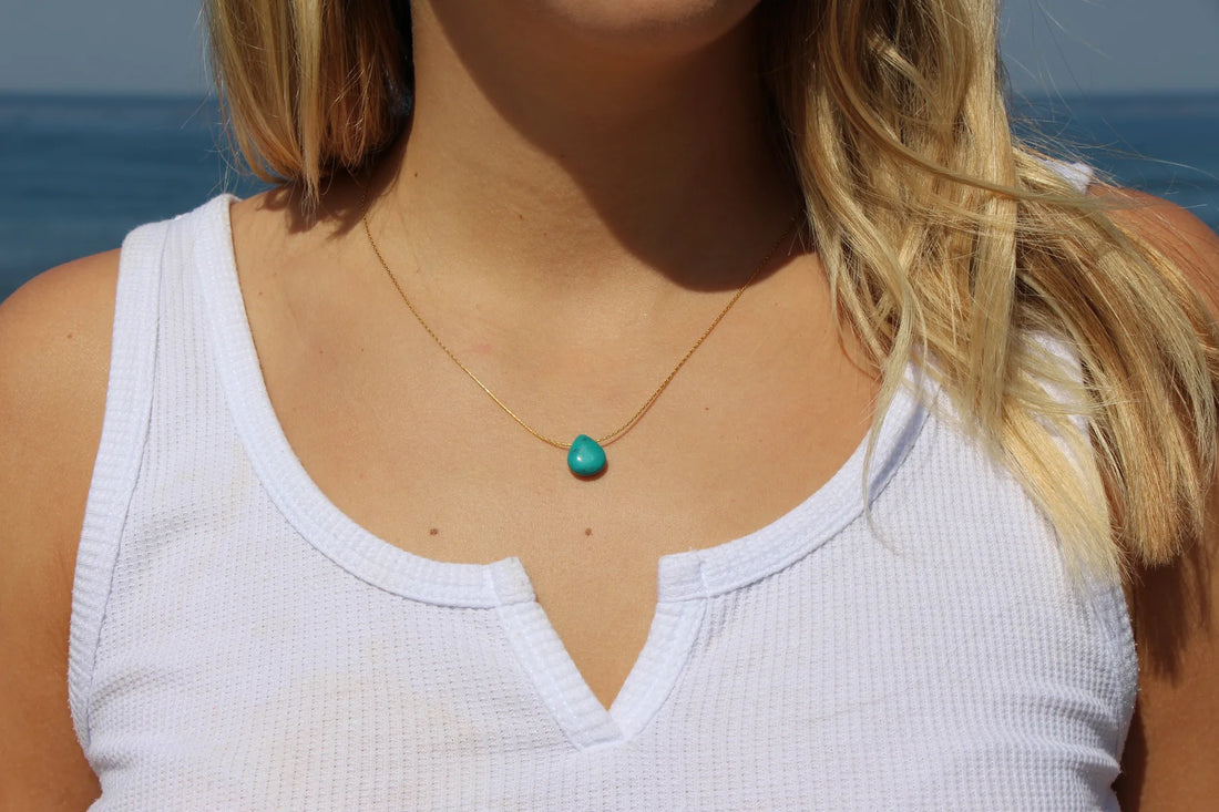 Salty Cali Turquoise Tear Drop Pendant 18k Gold Necklace - Water Resistant