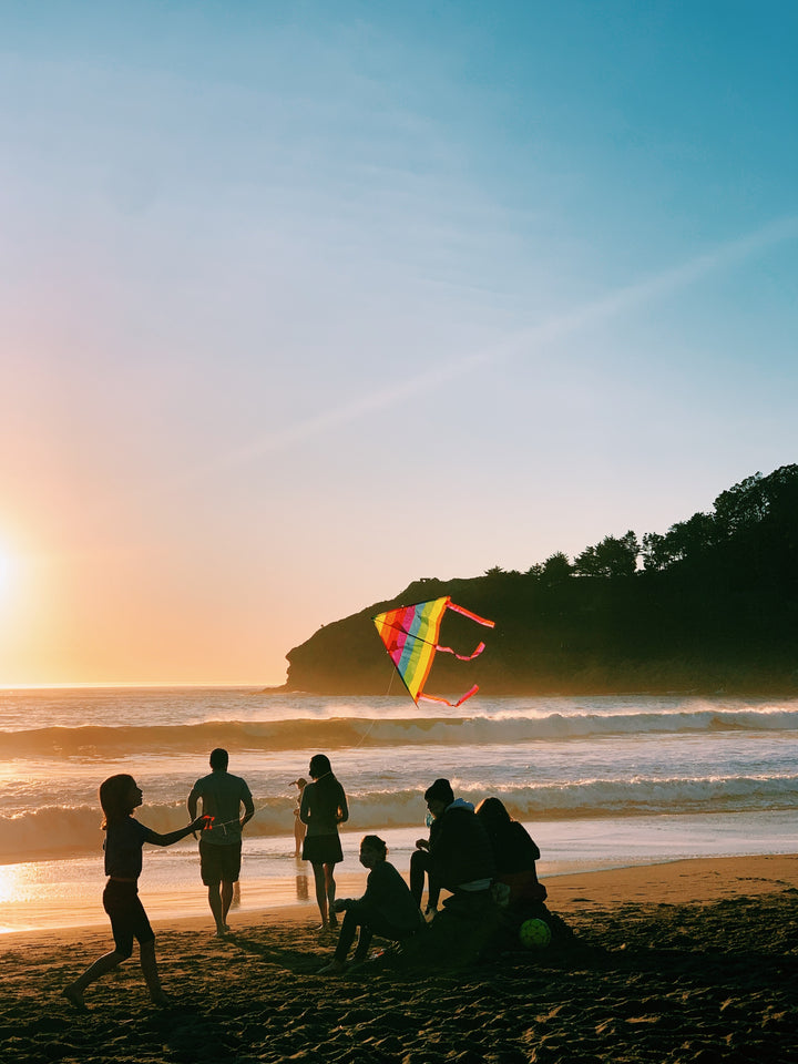 Group of people on a beach during sunset flying a single kite