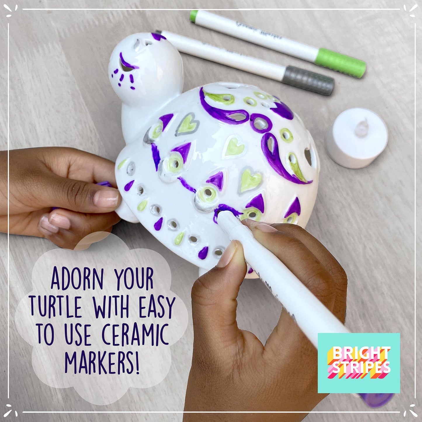 Bright Stripes Color Your Own Kids Craft Kit Paint Your Own Ceramic Animal Night Light, DIY Creativity Set Includes 3 Markers, LED Light and Instructions, Ideal Creative Gifts, Turtle