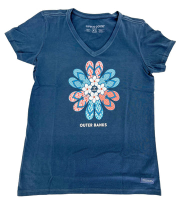Life is Good - Outer Banks Blue Flip Flop Flower T-Shirt