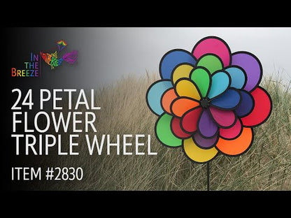 Triple Wheel Wind Spinner - 24 Petal Rainbow Flower