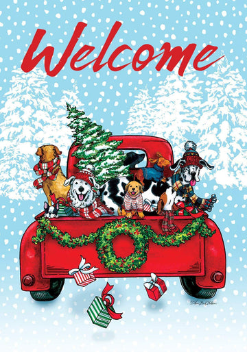 Puppy Truck Christmas Welcome Garden Flag - Kitty Hawk Kites Online Store
