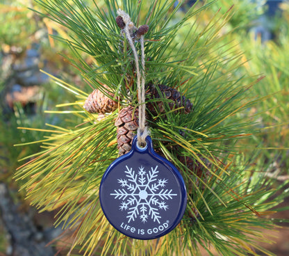 Life is good navy blue snowflake ornament